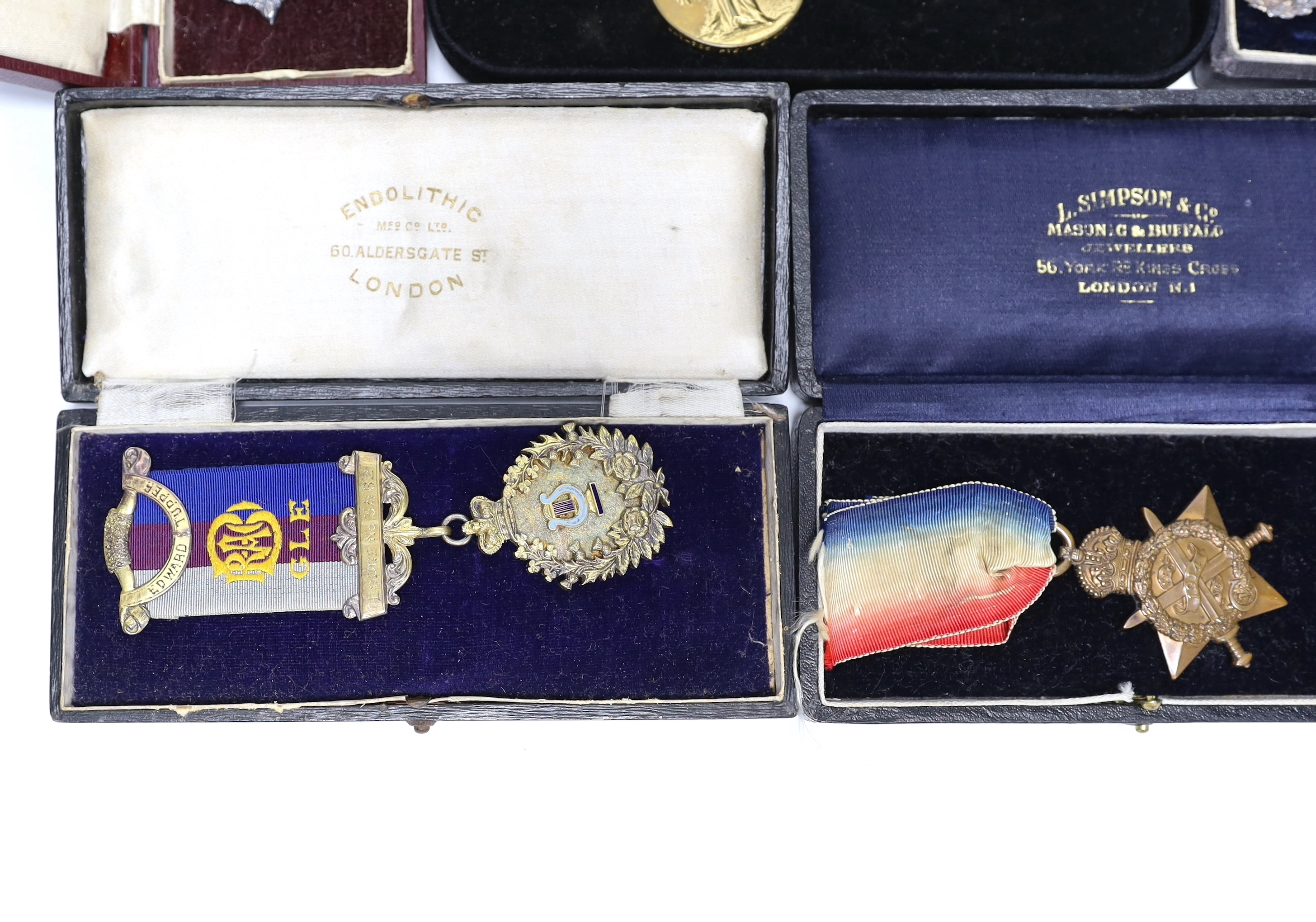 WWI trio awarded to CMT - 735 PTE A E COX ASC, three cased silver Masonic medals, two with enamel together with another empty Masonic related case